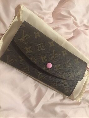 Brown floral LV print wallet with gold hardware & pink accent button & interior